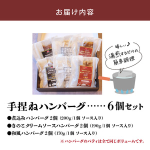 大昌園「手捏ねハンバーグ6個セット」_黒毛和牛入り 手捏ね ハンバーグ 大判 200g × 6個 セット 湯煎 小分け 包装 冷凍 3種のソース 煮込み 和風 きのこクリーム  温めるだけ 肉のプロ 