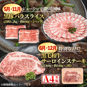 i1008 ＜定期便・計12回(連続)＞黒毛和牛黒豚定期便(総計約10.7kg以上) 国産 九州産 鹿児島産 黒毛和牛 牛肉 国産牛 黒豚 豚肉 サーロイン ステーキ 切り落とし 切落し しゃぶしゃぶ