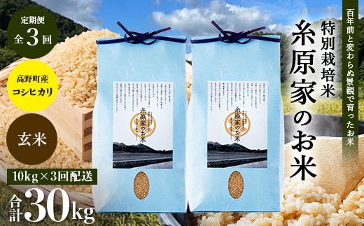 
                  新米 予約受付 R8年産（玄米）【定期便 全3回】特別栽培米「糸原家のお米」高野町産 コシヒカリ 10キロ(5キロ×2袋) | 10kg×3回 合計30kg 3ヶ月 3ヵ月 3か月 令和8年産
                