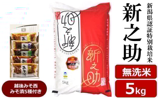【令和7年産新米】新之助 無洗米 5kg 新潟県認証特別栽培米 ＆ 越後みそ西みそ漬5種セット [Y0518]
