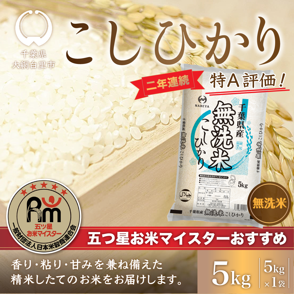 令和6年産 2年連続特A評価!千葉県産コシヒカリ5kg無洗米（5kg×1袋） E008