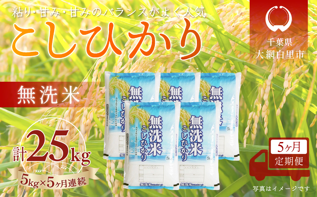 ＜5か月定期便＞ 千葉県産「コシヒカリ」無洗米 5kg×5か月連続 計25kg A074