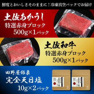 土佐あかうし＆土佐和牛2種食べ比べ 特選赤身ブロック500g 計2P 田野屋銀象完全天日塩2P付 牛肉 肉 お肉 和牛 国産 牛 赤身 ヒレ カルビ ロース ブロック【株式会社LATERAL】 [BQ