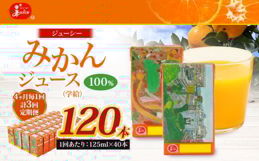 【4ヶ月毎3回定期便】 ジューシー みかんジュース 100％ （学給） 125ml×40本 みかん ミカン 蜜柑 ジュース オレンジジュース 飲料 紙パック 国産 熊本県