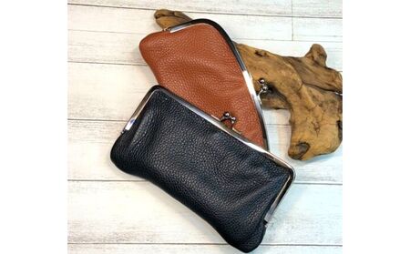 イタリア本革（牛革）の親子がま口小物入れ（大） ファッション小物 雑貨 シュリンクレザー 小銭入れ 財布 カード収納 アクセサリーポーチ 革製品 革小物  ブラック×パープル