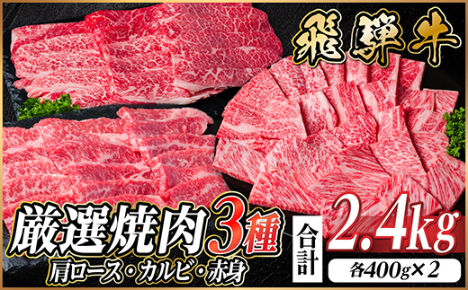 飛騨牛　厳選焼肉3種(肩ロース・カルビ・赤身)　計2.4kg(各800g) 黒毛和牛　小分け【配送不可地域：離島】