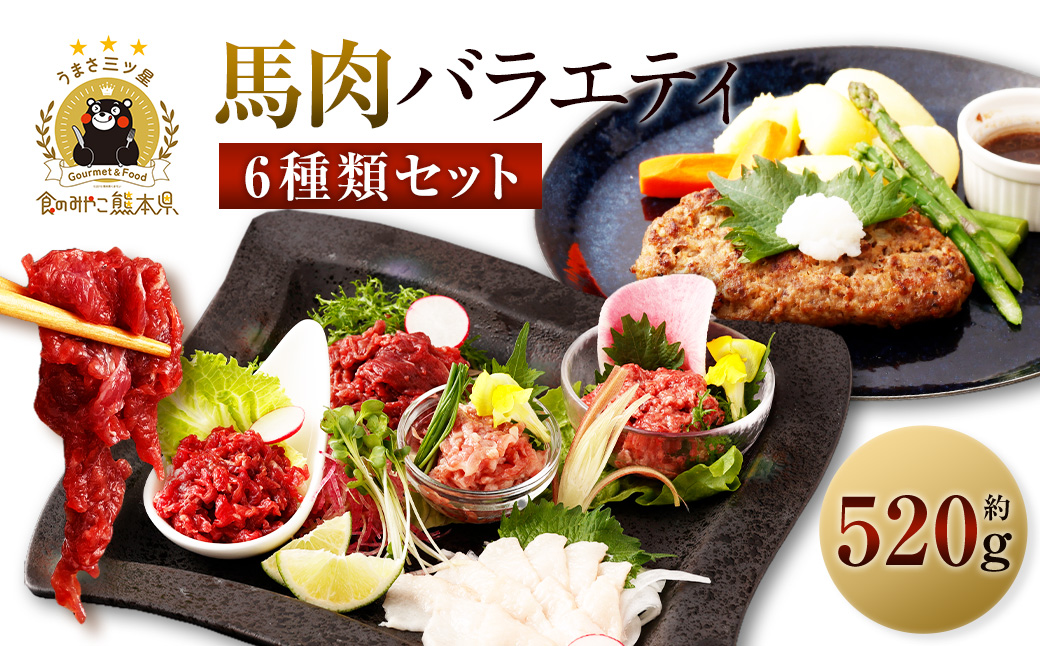 6種馬肉バラエティ 約520g (赤身切り落とし・コウネ・フタエゴダイス・線切り(ユッケ)・桜うまトロ・馬肉ハンバーグ)