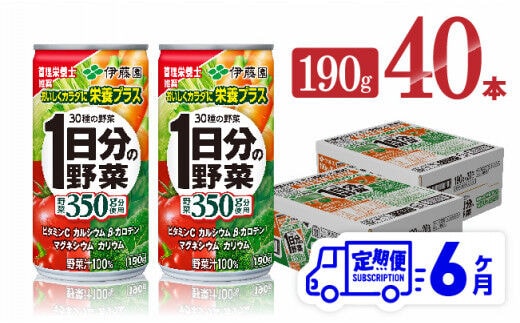 
										
										【6ヶ月定期便】伊藤園 1日分の野菜 190ｇ×40本【 定期便 全6回 野菜飲料 野菜ジュース 野菜汁 ジュース 飲料 ソフトドリンク 野菜ミックスジュース 】［D07313t6］
									