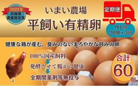 BQ6　いまい農場の 平飼い 有精卵 定期便（3か月） 合計60個（20個×3回）【 定期 3か月 複数回 赤玉 たまご タマゴ 玉子 平飼い 国産 こだわり 受賞 兵庫県 宍粟市 しそうし 】