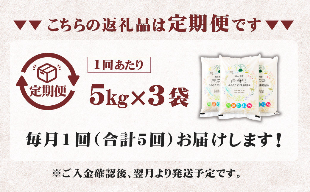 【1ヶ月毎5回定期便】【無洗米】阿蘇だわら15kg (5kg×3袋) 熊本県 高森町 オリジナル米