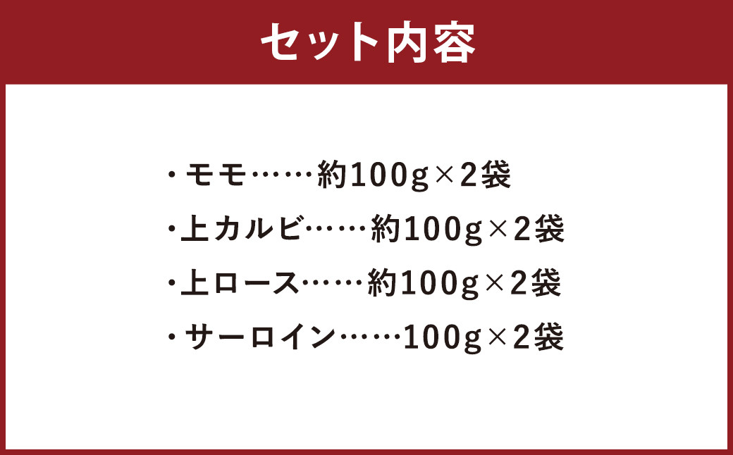 阿蘇あか牛 食べ比べセット（モモ・上カルビ・上ロース・サーロイン） 約800g