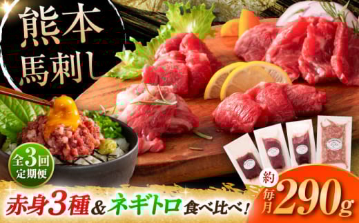 【全3回定期便】【熊本特産】赤身馬刺し3種とネギトロの詰め合わせ 3891 / ねぎ 熊本県 菊陽町 ばさし 馬刺 うま にく 肉 とろ お祝 ご褒美 つまみ【株式会社フジチク】 [BHAD066]