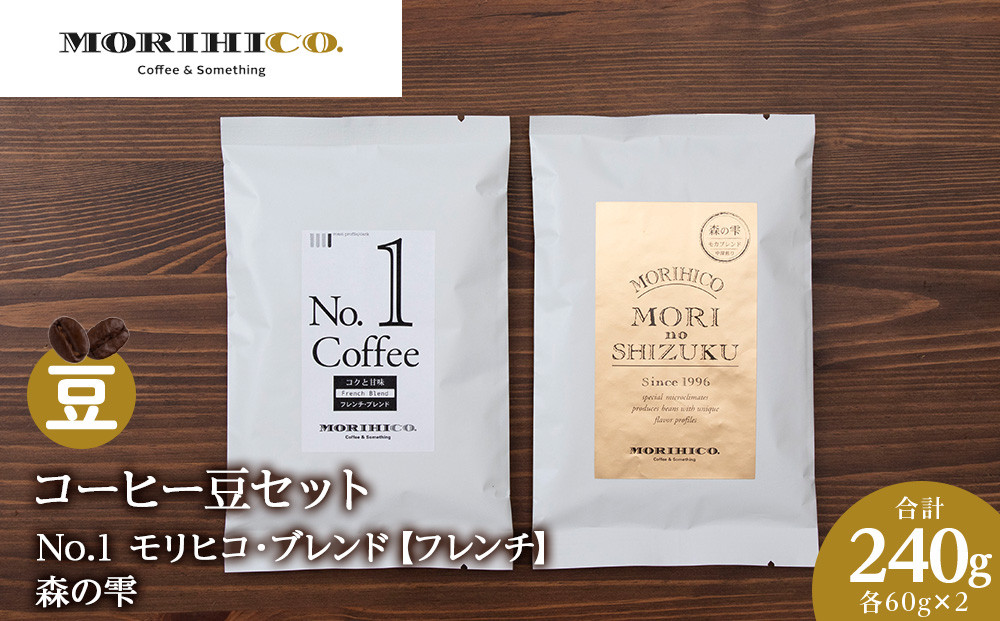 
コーヒー豆セット　No.1 モリヒコ・ブレンド【フレンチ】と森の雫セット　各2袋　合計240g
