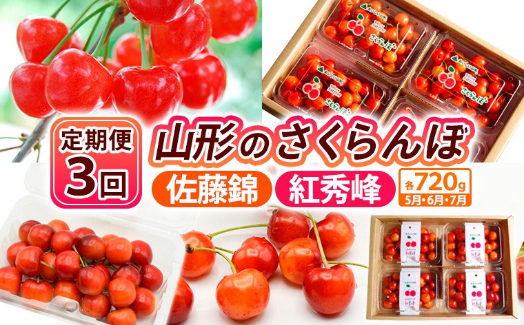 
                  【定期便3回】【さくらんぼ定期便3回】山形のさくらんぼ 佐藤錦・紅秀峰 各720g×3回[5月・6月・7月] 【令和9年産先行予約】FS25-003
                