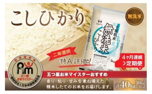 ＜4か月定期便＞2年連続特A評価！千葉県産コシヒカリ【無 洗米】10kg×4か月連続 計40kgE037