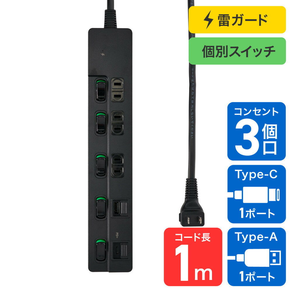 【ふるさと納税】SW付USBタップ1m黒　WLK-3221SUC(BK) | 電源タップ USBタップ スイッチ付き USB充電 黒色 1メートル 延長コード コンセント 電源ケーブル 家電アクセサリー ワークデスク テレワーク 省スペース 安全設計 便利アイテム 生活雑貨