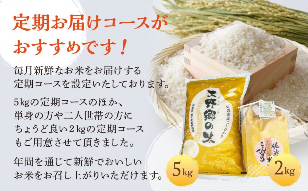 【令和７年産】佐渡島産 特別栽培米こしひかり「大野郷の米」精米5kg×３回 定期お届けコース