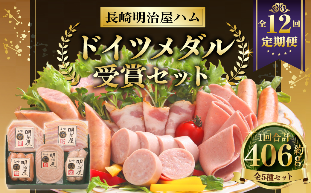 【全12回定期便】ドイツメダル受賞セット ／ 5種 詰合せ セット 肉 肉加工品 加工品 食べ比べ おつまみ ロースハム ベーコン ソーセージ おかず お取り寄せ グルメ 長崎県 長崎市