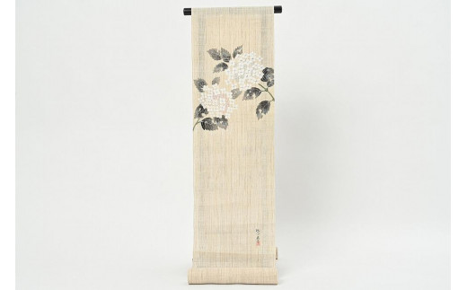 
名古屋帯　麻帯　紫陽花の柄　着用時期6月7月8月　夏帯　お単衣に、絽に、お仕立て上がり　手開き仕立
