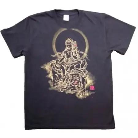 手描きTシャツ 仏画 普賢菩薩 黒 (半袖 XLサイズ)【1615124】