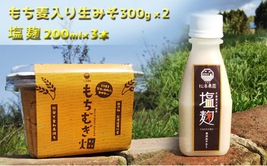 
松本農園「畑」シリーズ　もち麦入り生みそ300g×2塩麹200ml×3本｜北海道 滝川市 味噌 みそ 塩麹 麹 塩こうじ 調味料 発酵調味料
