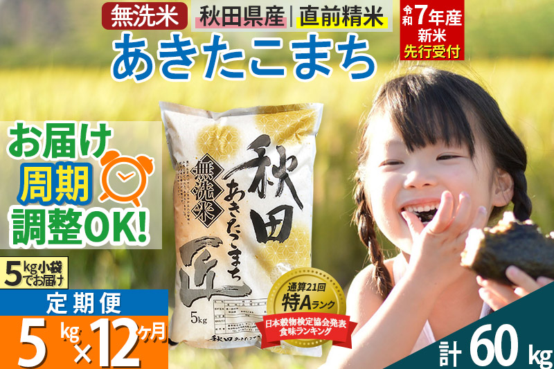 【無洗米】＜令和7年産 新米予約＞《定期便12ヶ月》秋田県産 あきたこまち 5kg (5kg×1袋) ×12回 5キロ お米【お届け周期調整 隔月お届けも可】 新米