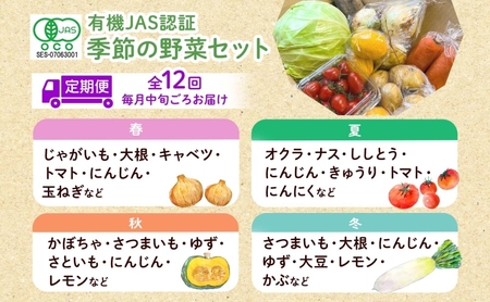 定期便 全12回 季節の野菜詰め合わせ ノウフク 冷蔵便 就労支援 セット 詰合せ 農福 農福JAS 無農薬 有機JAS 有機栽培 オーガニック 野菜 新鮮 料理 旬 季節 無農薬 千代田ファーム 愛