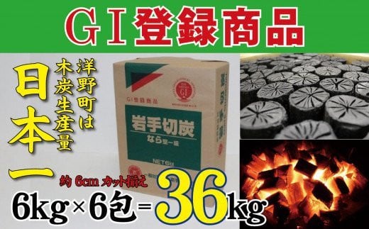 
            岩手切炭6kg×6個 GI登録商品 生産量日本一 高品質 高火力 なら堅一級 アウトドア キャンプ BBQ バーベキュー
          