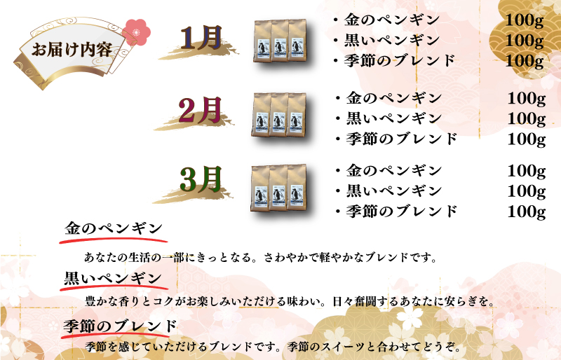 新年からのコーヒー 定期便 （１月～３月限定） ペンギン堂 人気 オリジナル ブレンド コーヒー 珈琲 焙煎 自家焙煎 COFFEE おすすめ 飲みやすい 香り オフィス キャンプ おうち時間 送料無
