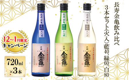 【12月～1月までの限定寄附額】 長寿金亀飲み比べ3本セット(火入）藍40、緑60、白80（720ml×3本） CP1201