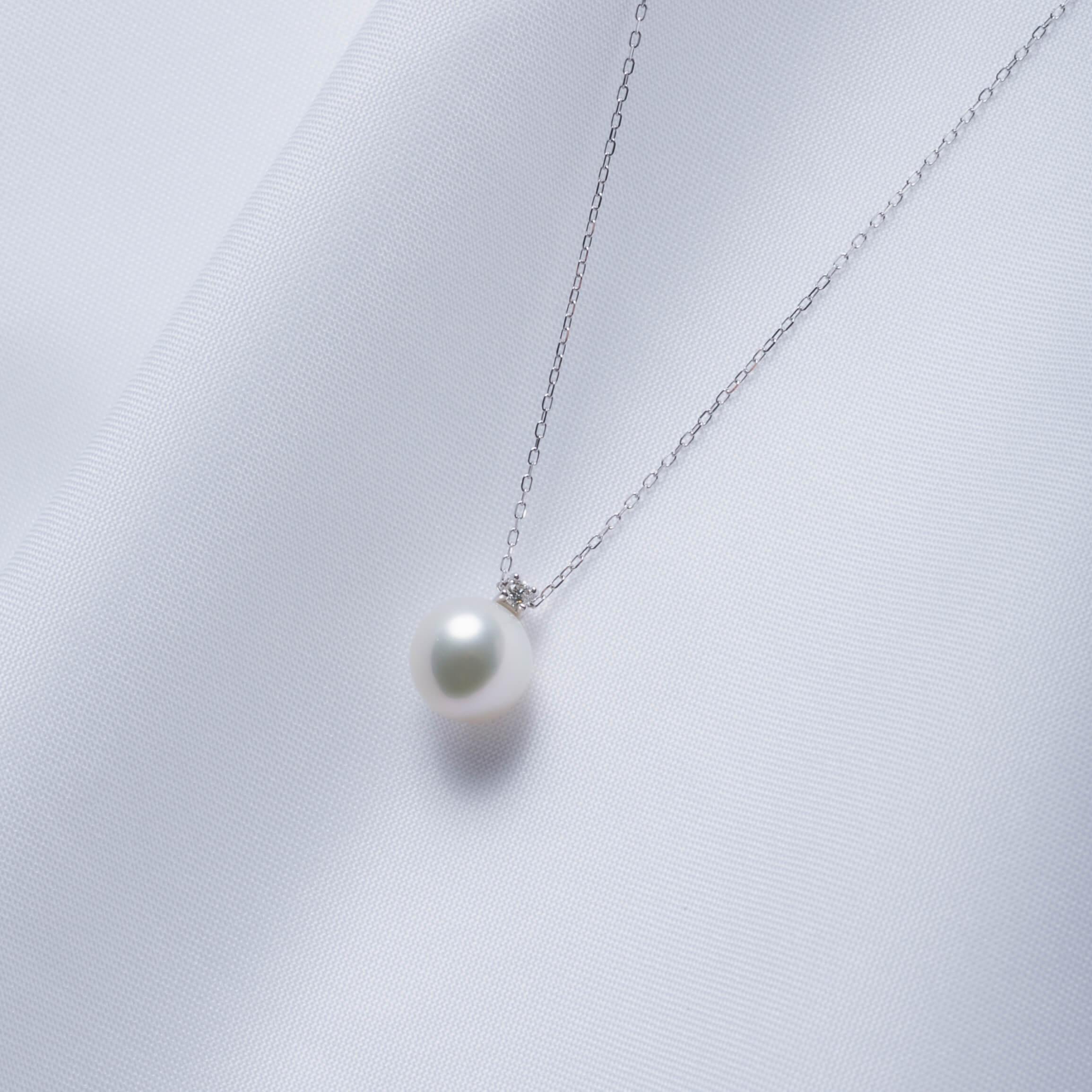 4月 誕生石 ダイヤモンド｜一粒 アコヤパール ペンダント ネックレス｜無調色アコヤ真珠 8.0mm K10WG｜チェーン付き　　