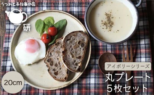 【アイアンブラック】【 受注生産 】 20cm 丸 プレート 5枚 セット アイボリー アイアンブラック シリーズ 糸島市 / うつわと手仕事の店 研　器 陶器 食器 クラフト 手作り [ARD008-2]