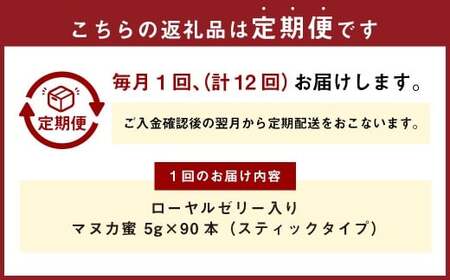 【12回定期便】 ローヤルゼリー入り マヌカ蜜 5g × 90本 （スティックタイプ） 蜂蜜 はちみつ ハチミツ ハチ蜜 はち蜜 蜜 ローヤルゼリー マヌカハニー ニュージーランド産 台湾産 杉養蜂園