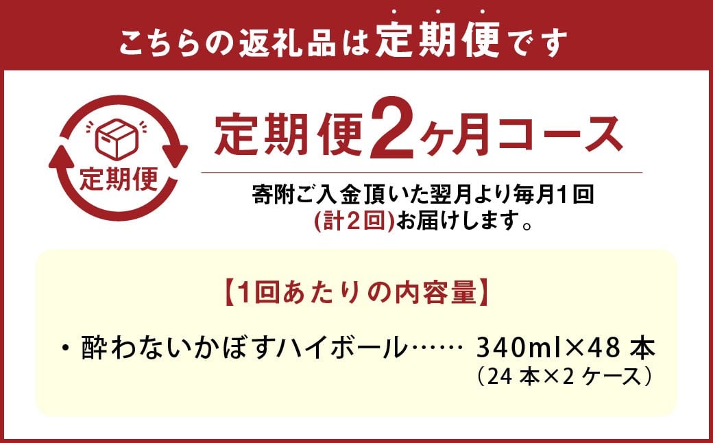 【2ヶ月定期便】 ノンアルコール 酔わないかぼすハイボール 2ケース（340ml×48本）×2回 計96本 JAフーズおおいた