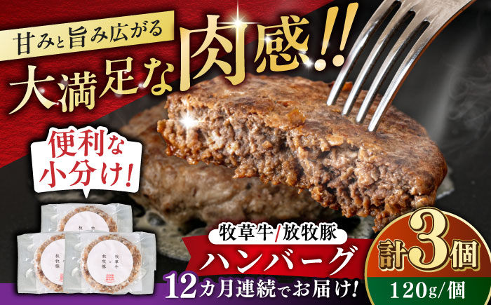 【全12回定期便】　【牧草牛×放牧豚】ハンバーグ 3個 《厚真町》【GOODGOOD株式会社】 ハンバーグ 牛肉 豚肉 小分け 冷凍配送 北海道 [AXBP025]