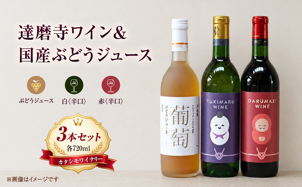
                  ワイン 達磨寺ワイン 赤 白 辛口 国産ぶどうジュース 3本 セット | 詰め合わせ 酒 お酒 赤ワイン 白ワイン 国産 アルコール ジュース カタシモワインフード株式会社 大阪府 大阪 柏原市
                