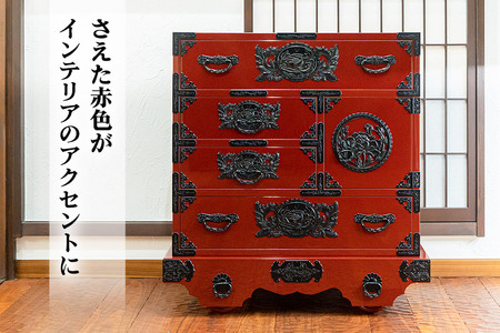 仙台箪笥 中型車箪笥 朱色漆塗り KEB-18 （お申込書返送後3ヶ月～8ヶ月以内でお届け） 欅産業 たんす 家具 収納 インテリア