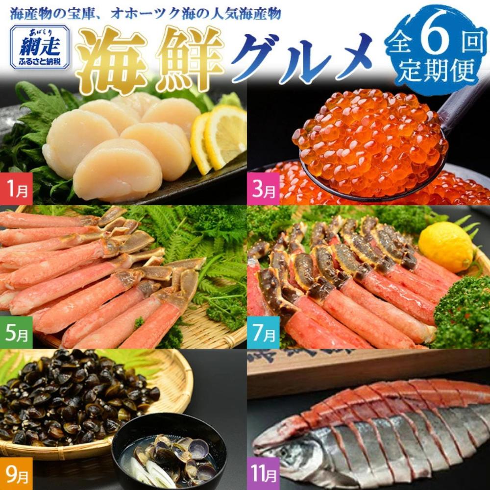 【定期便】オホーツク海鮮グルメ定期便 6回 ホタテ 貝柱 タラバガニ ズワイガニ ポーション 脚 いくら しじみ 鮭 切り身 北海道 網走 ※着日指定不可 ※離島への配送不可 ABAO068