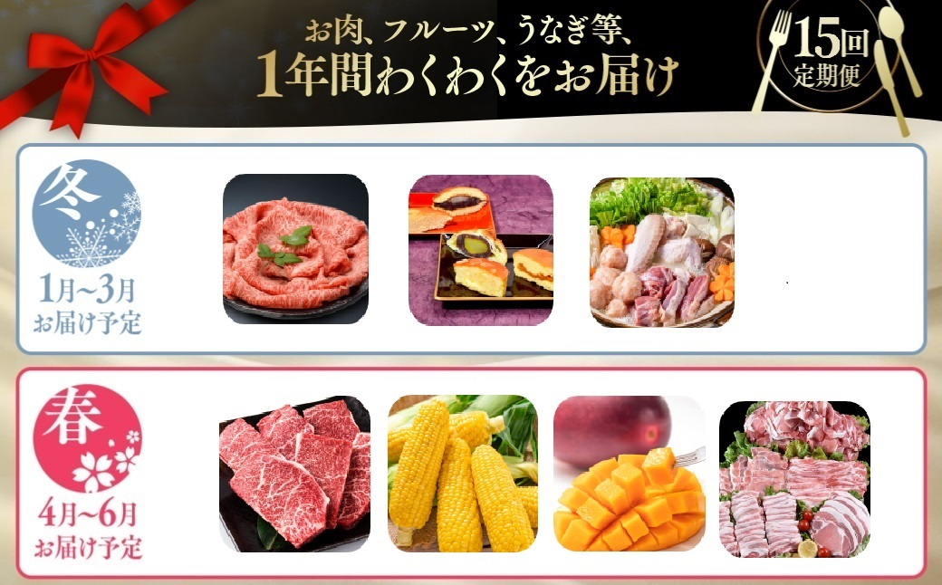 【季節の定期便D】12ヶ月毎月届く西都まるごと堪能セット15品お届け！【シルバーコース】宮崎牛 うなぎ 牛肉 豚肉 鶏肉 すき焼き 鍋等＜1-4a＞ シルバーコース
