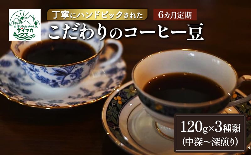 
【6ヵ月定期便】丁寧にハンドピックされたこだわりのコーヒー豆120g×3種類(中深～深煎り)【豆】 珈琲 コーヒー豆 珈琲豆 豆 焙煎 自家焙煎 セット
