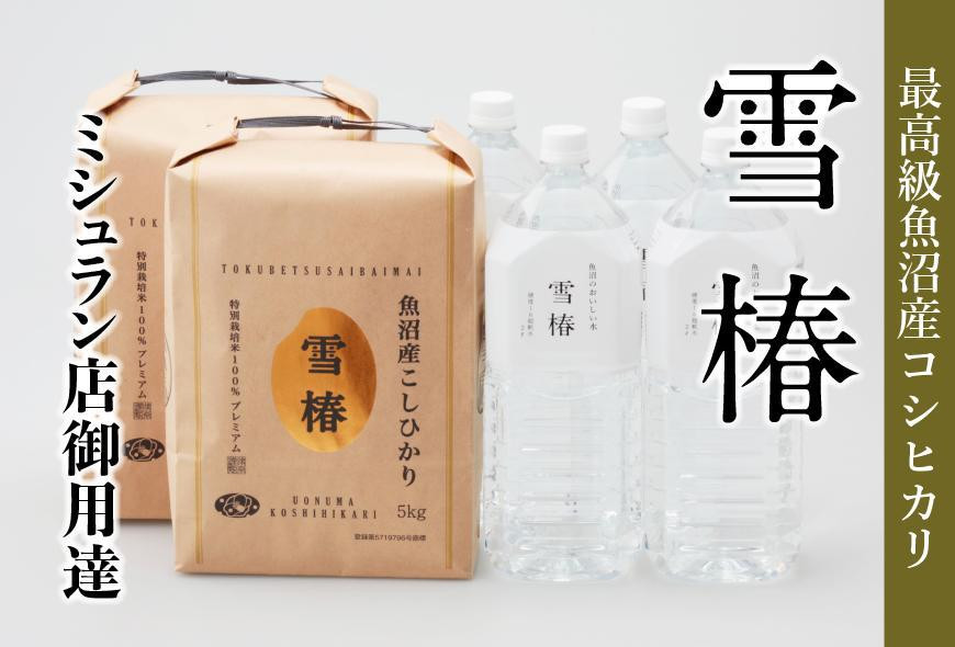 
            【2025年産新米】【至高セット】最高級魚沼産コシヒカリ「雪椿」魚沼のおいしいお水「雪椿」（5kg×2袋・2L×4本） 特別栽培米
          