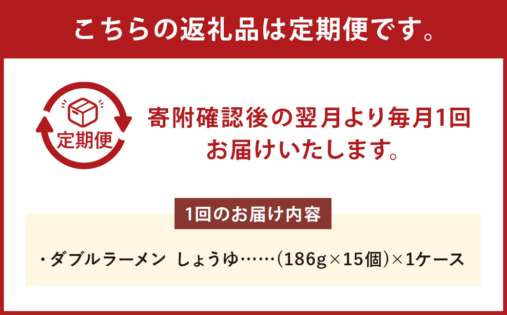 【4回定期便】 ダブルラーメン しょうゆ 182g×15個（1ケース）