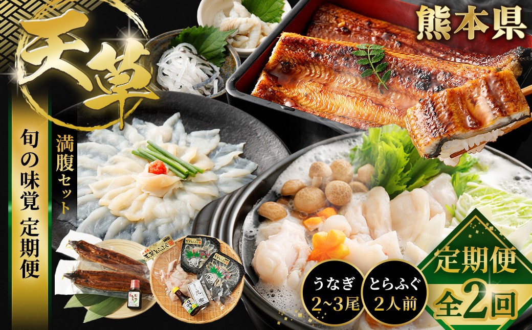 
                  【 天草旬の味覚定期便 2回 （ 2人前用 ） 】 天草とらふぐてっさてっちり満腹セット＋天草藍うなぎ2～3尾セット ／ 刺身 魚 魚類 お魚 旬 フグ ふぐ とらふぐ うなぎ ウナギ 鰻 上天草 定期配送 定期 定期便 贅沢 旨味 蒲焼 蒲焼き
                