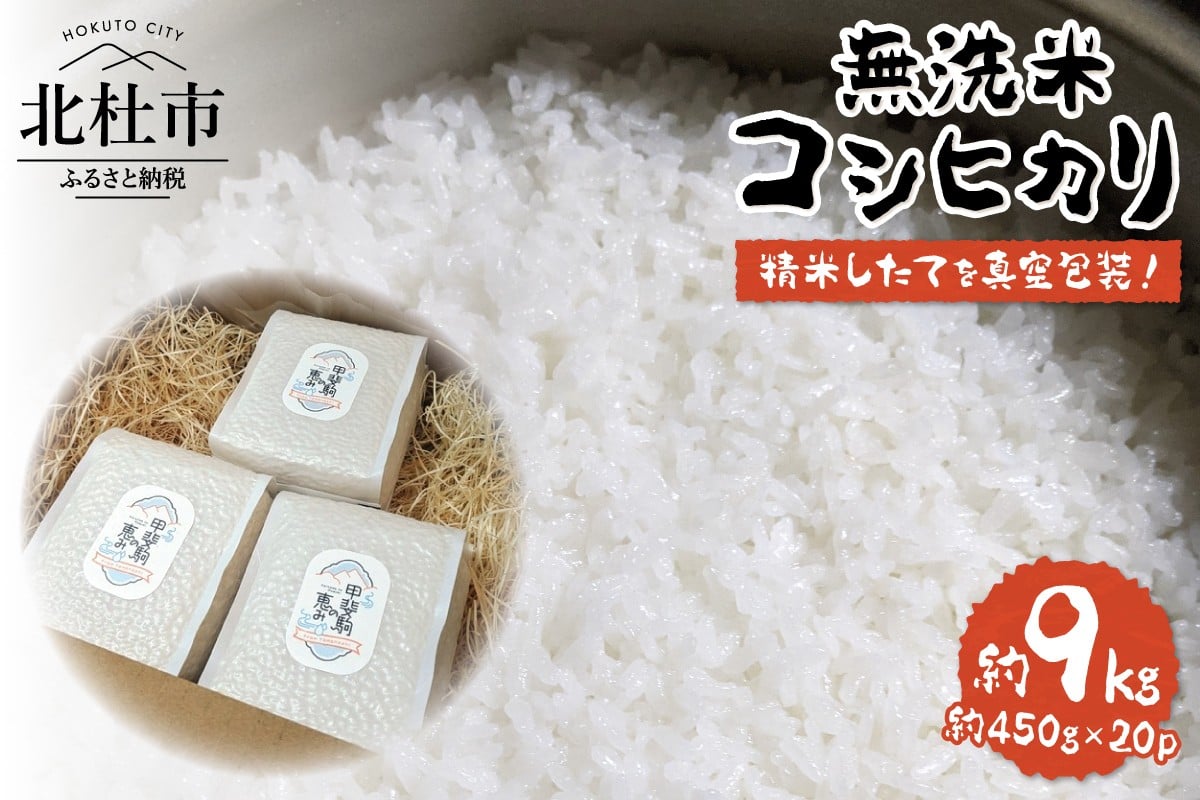 
            白州米コシヒカリ3合 無洗米真空パック20個セット  米 期間限定 約450g 栽培期間中 農薬不使用 化学肥料不使用 精米したて 真空包装 長期保管 備蓄 防災 キャンプ 山梨 北杜市
          