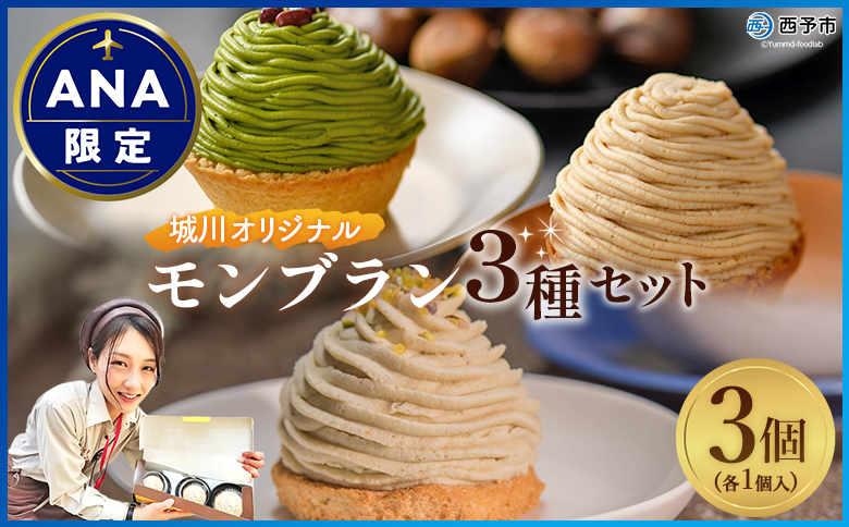 【ANA限定】＜城川オリジナルモンブラン3種×各1個 計3個セット＞ マロン 抹茶 ケーキ 和栗ペースト 渋皮煮 チーズアパレイユ 粒あん 小豆 スポンジケーキ タルト ダックワーズ メニークエスト 