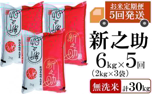 【先行予約・令和7年産新米・5ヶ月定期便】新之助 無洗米 6kg（2kg×3袋）×5回（計 30kg）ヤタらうんめぇお米 水田環境鑑定士在籍 しんのすけ[Y0185]