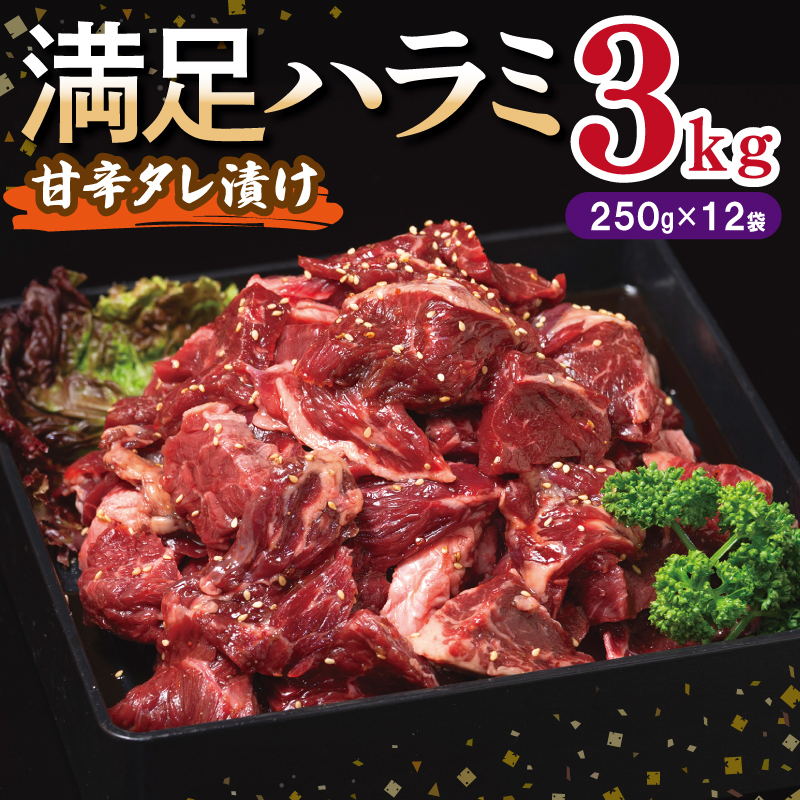 【満足牛ハラミ】甘辛タレ漬け 合計3kg 【味付け ハラミ 小分け 焼くだけ 簡単調理 BBQ 牛肉 250g×12P】 099H3714
