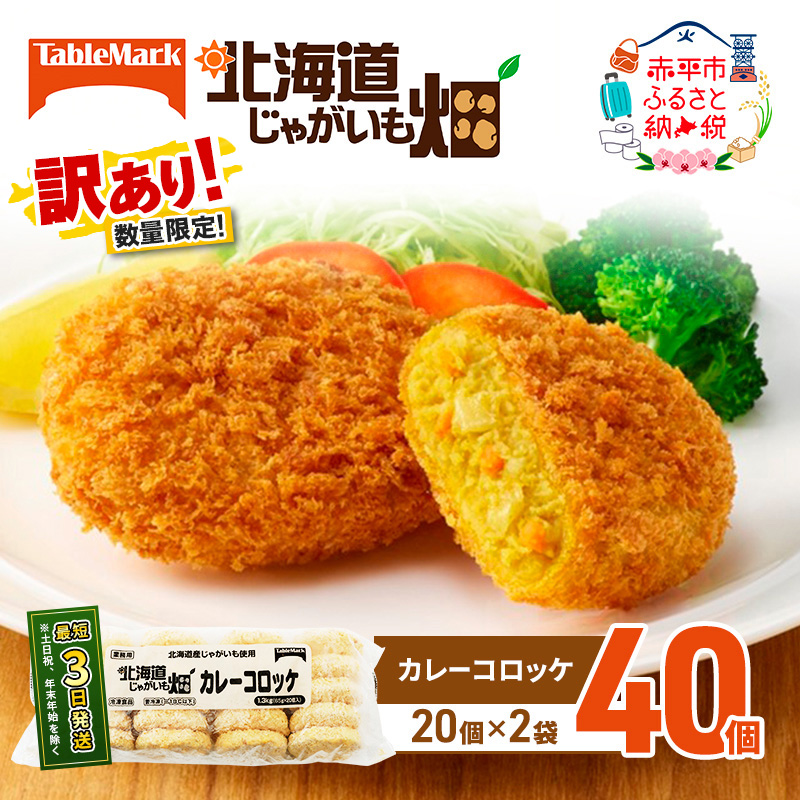 訳あり 北海道 コロッケ じゃがいも畑 カレー 20個 × 2袋 計 40個 カレーコロッケ じゃがいも 最短3日 7日出荷 冷凍食品 惣菜 弁当 おかず 揚げ物 グルメ 大容量 冷凍コロッケ 揚げるだけ 時短 