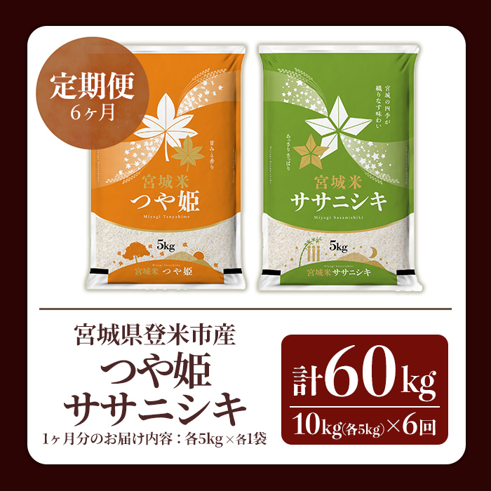 ≪令和7年産≫【6回定期便】ササニシキ・つや姫 計60kg (各5kg×6回配送) 登米市産 お米 おこめ 米 コメ 白米 ご飯 ごはん おにぎり お弁当 6か月 頒布会【登米ライスサービス株式会社】