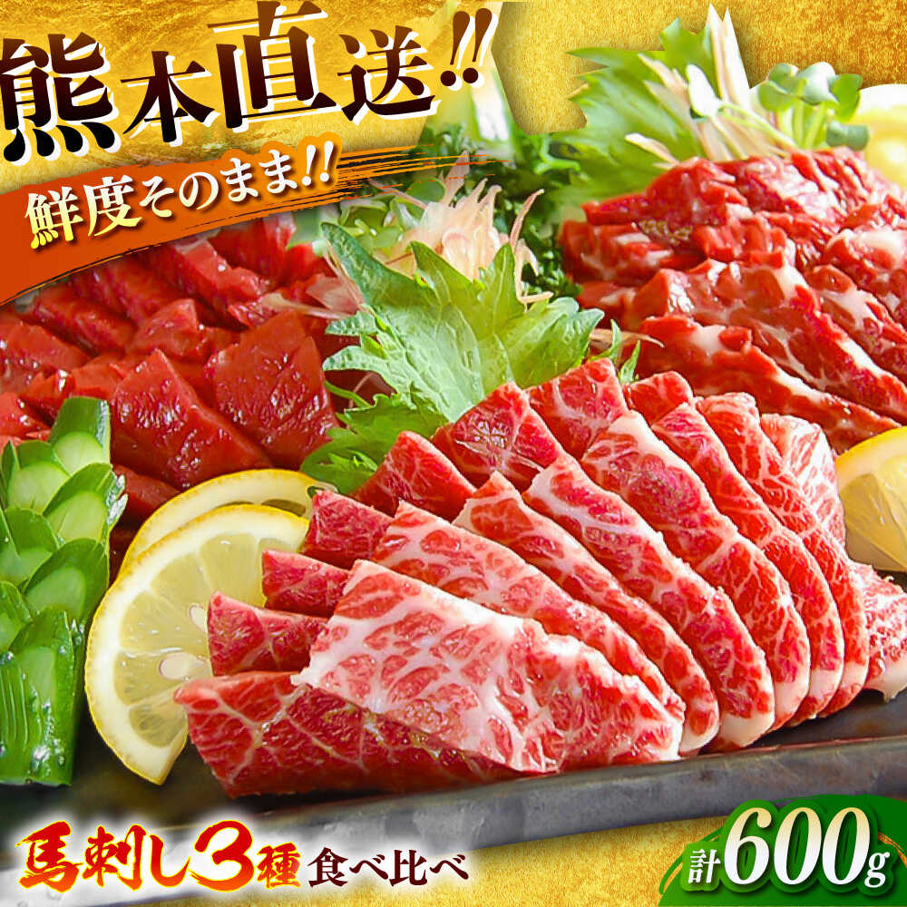 【ふるさと納税】こだわり馬刺し3点盛り 計600g ( 各 200g ) 醤油 生姜付き 馬肉 大トロ 食べ比べ 霜降り ロース 醤油付き 専用タレ付き 薬味付き 馬刺 熊本県 特産品 馬刺し 赤身 産地直送 盛り合わせ セット こだわり 送料無料【有限会社菊陽食肉センター】[BHAC002]
